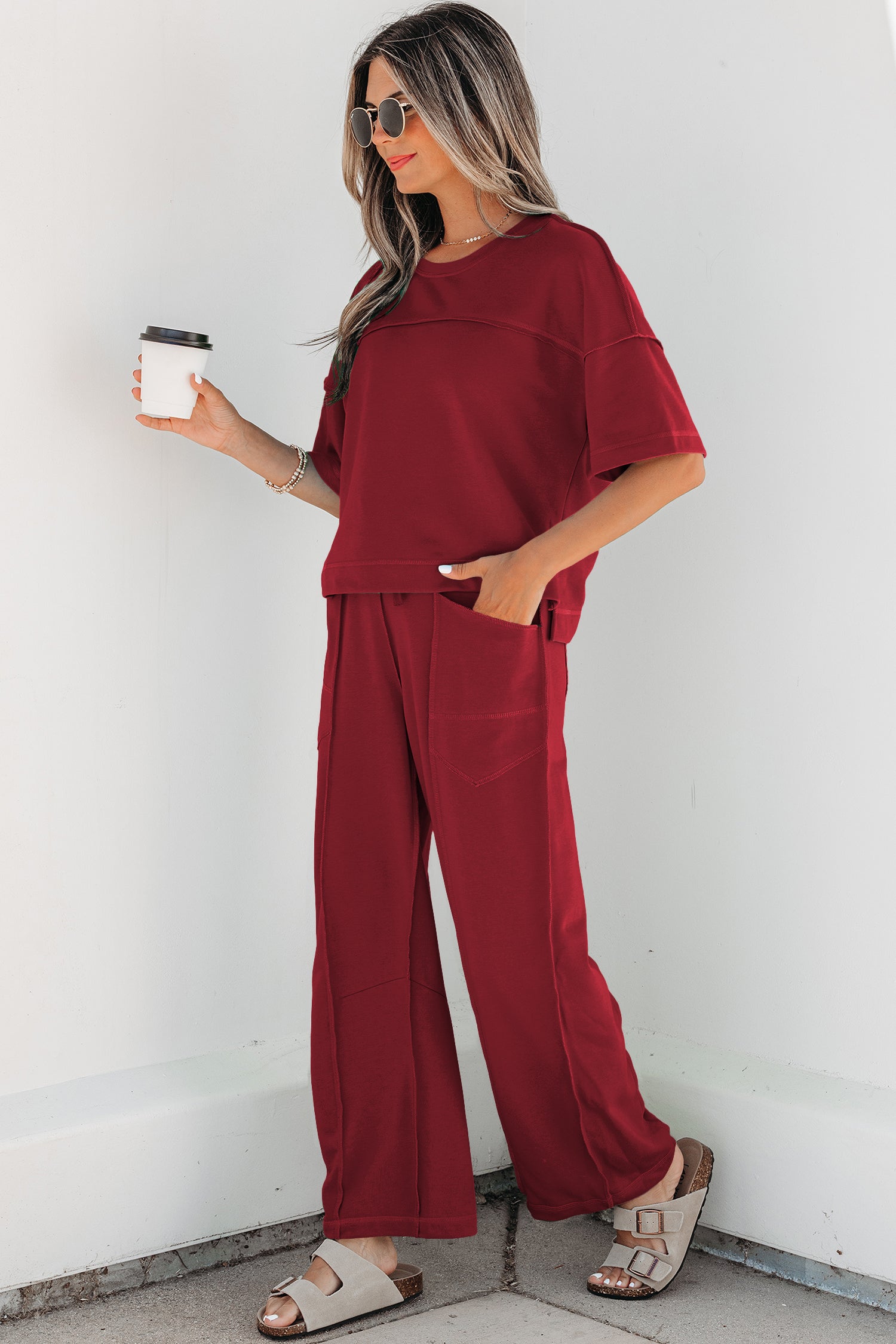 Rose Red Drop Shoulder Boxy Tee and Barrel Pants Set - Essential Retail Store
