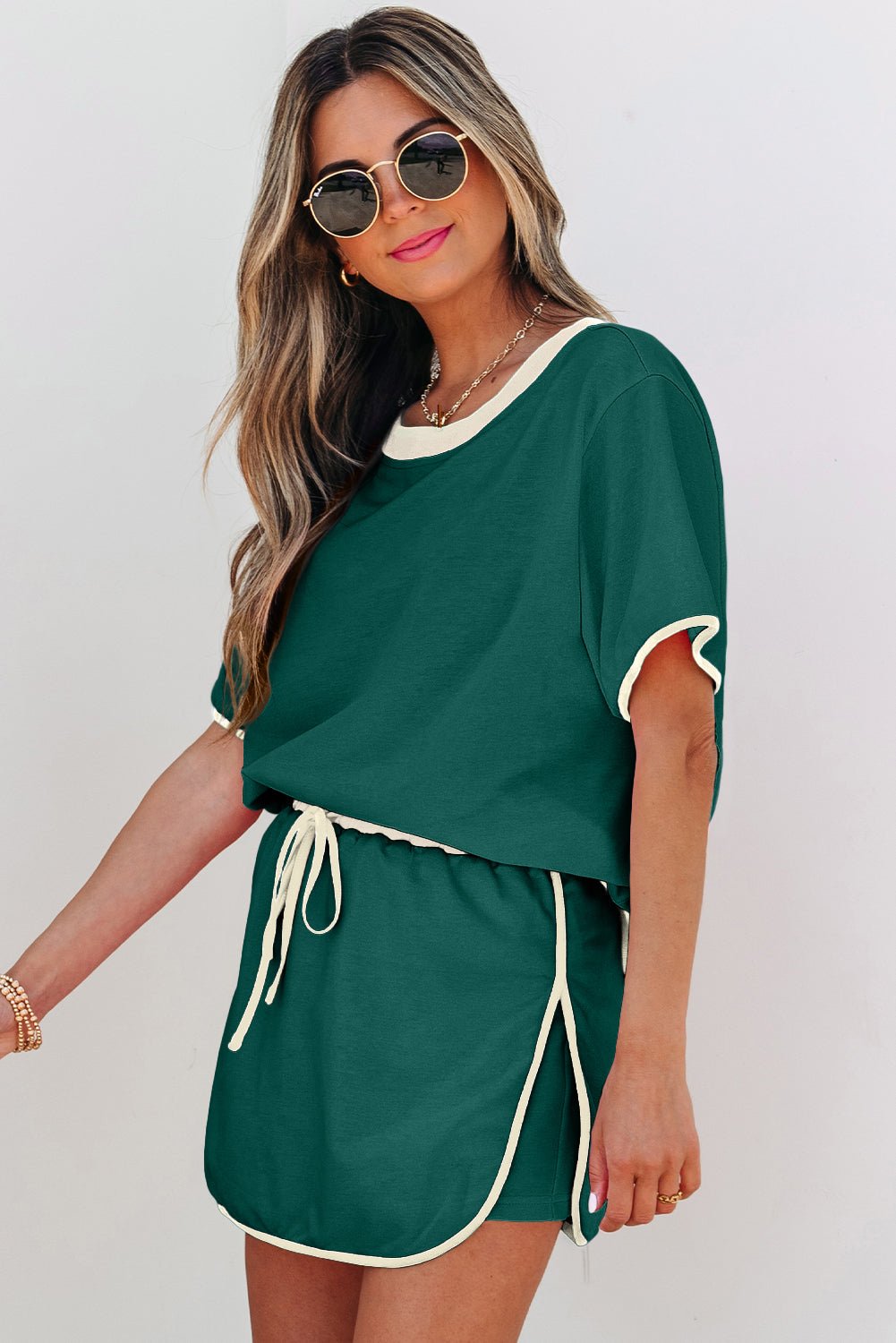 Turquoise Colorblock Edge Drop Shoulder T Shirt and Skort 2Pcs Set - Essential Retail Store