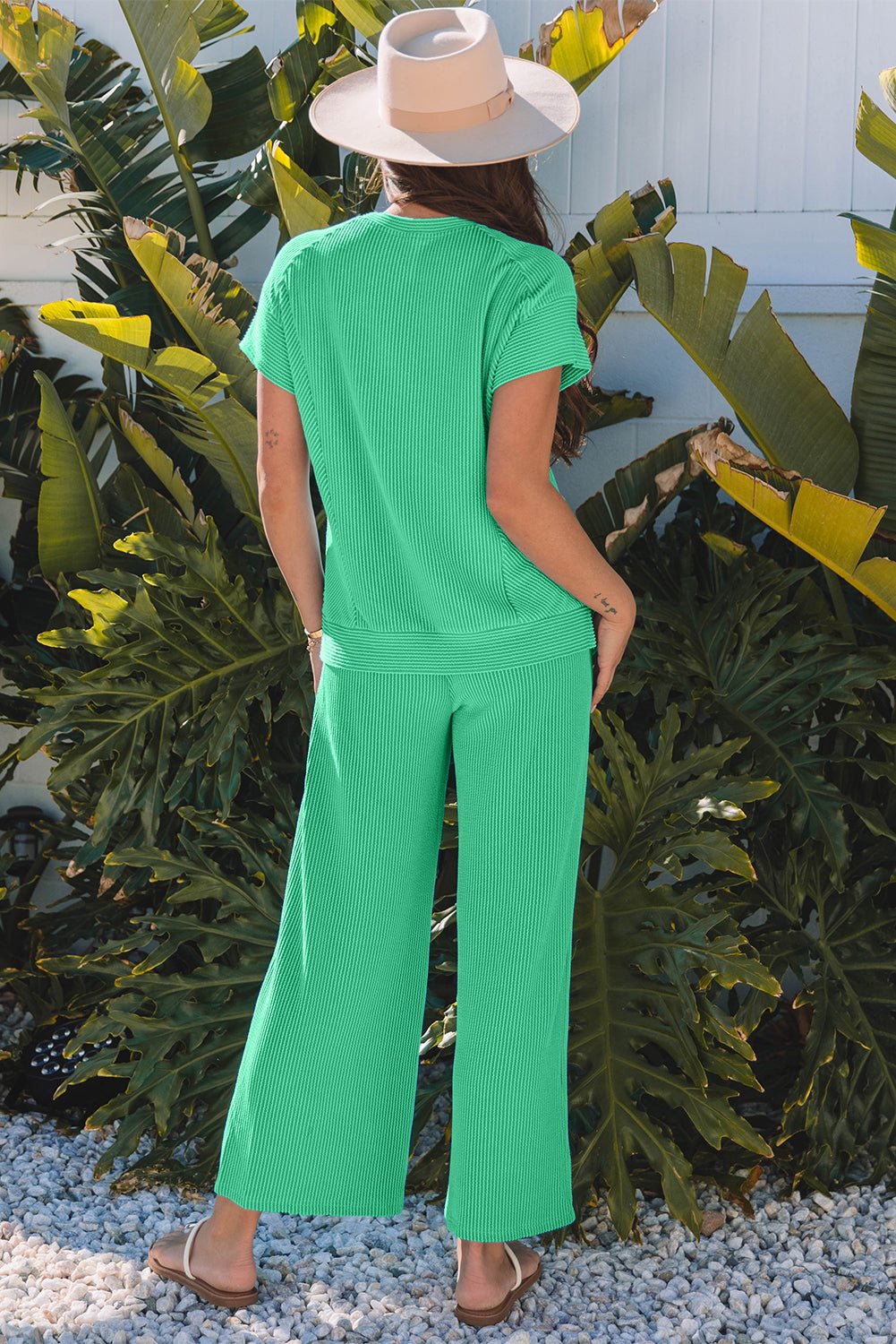 Blue Solid Corded Knit Short Sleeve T Shirt and Wide Leg Pants Set - Essential Retail Store