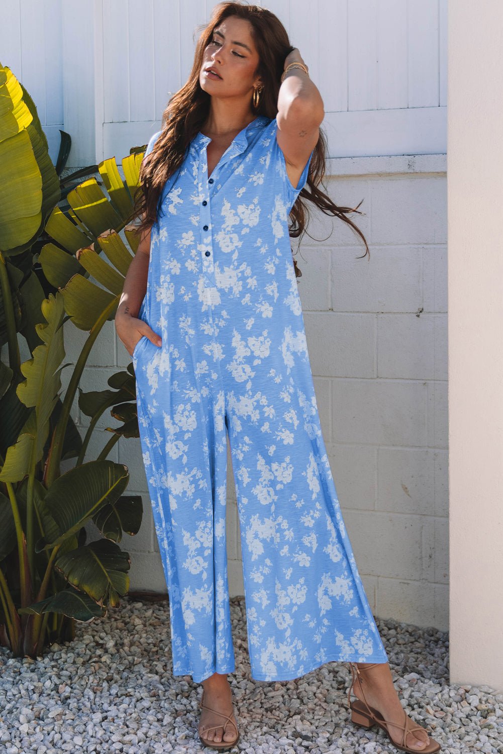 Myosotis Floral Print Half Button Wide Leg Relaxed Sleeveless Jumpsuit - Essential Retail Store