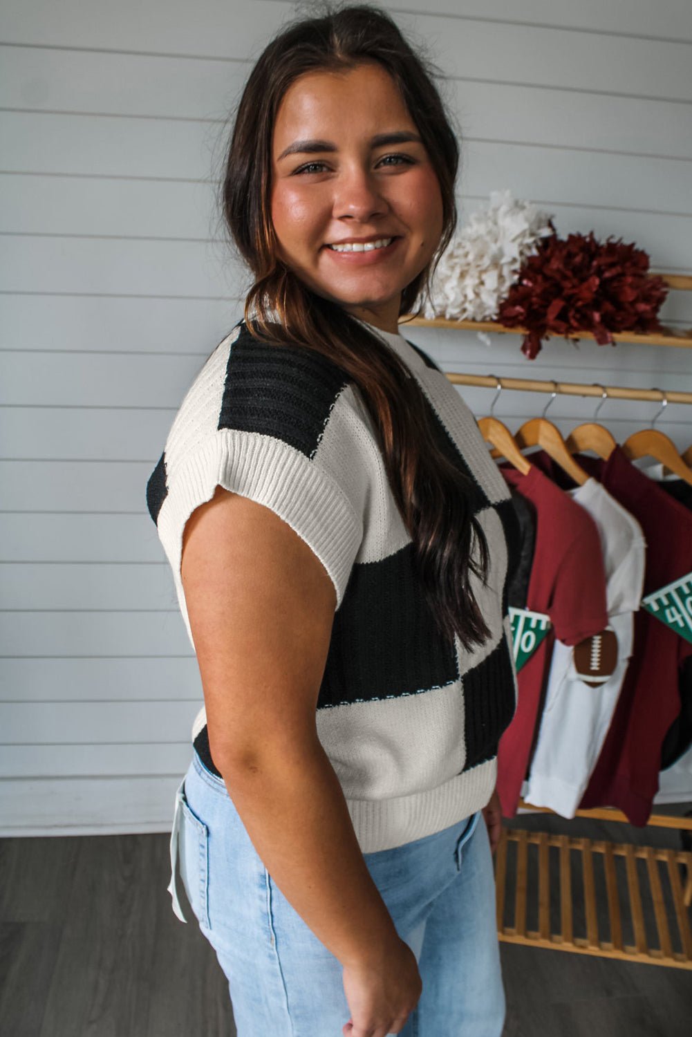 Light Blue Checkered Color Block Crew Neck Short Sleeve Sweater - Essential Retail Store
