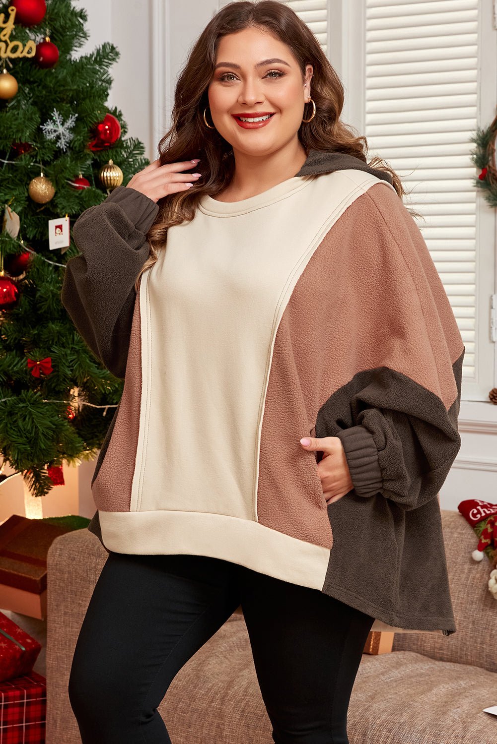 Brown Exposed Seam Colorblock Plus Size Hoodie - Essential Retail Store