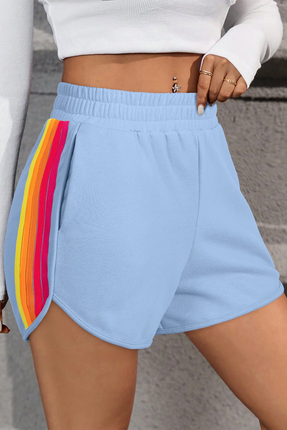 Bonbon Color Block Stripes Elastic High Waist Active Shorts - Essential Retail Store
