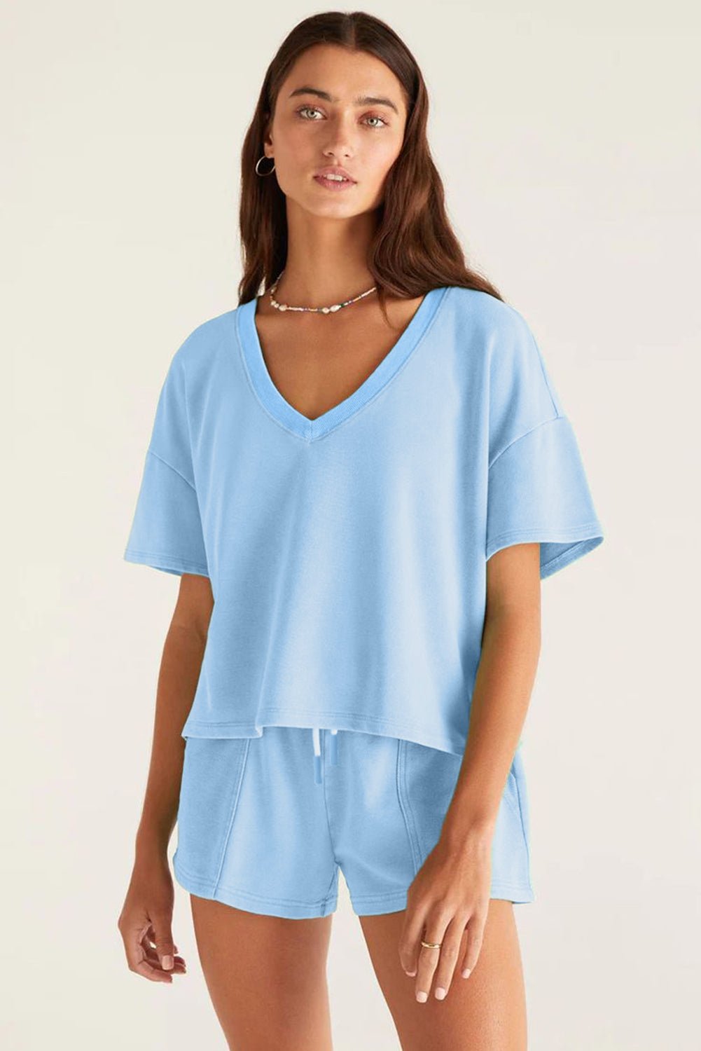 Mint Green V Neck Drop Shoulder Tee and Patchwork Drawstring Elastic Waistband Shorts Set - Essential Retail Store