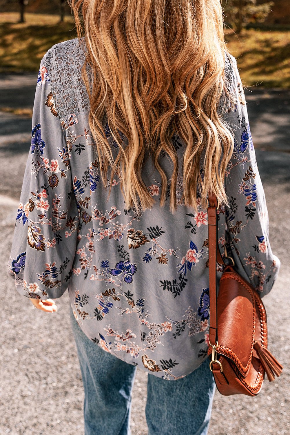 Sky Blue Floral Print Lace Patchwork Knot Front V Neck Blouse - Essential Retail Store