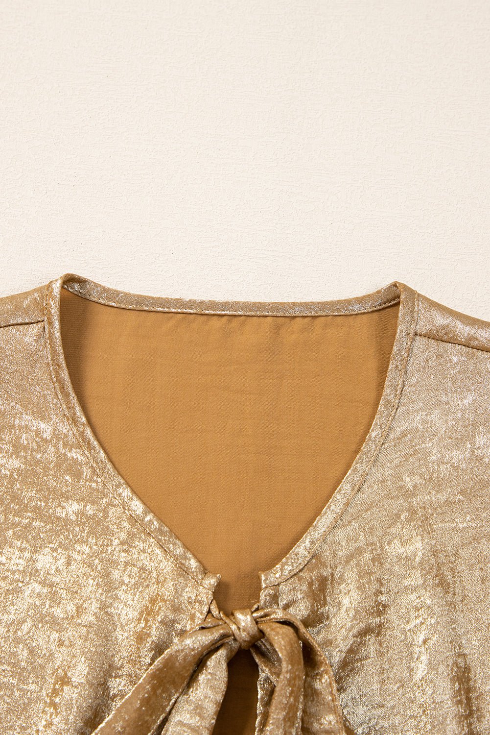 Gold Bow Tie Front Puff 3/4 Sleeve Ruffle Hem Blouse - Essential Retail Store