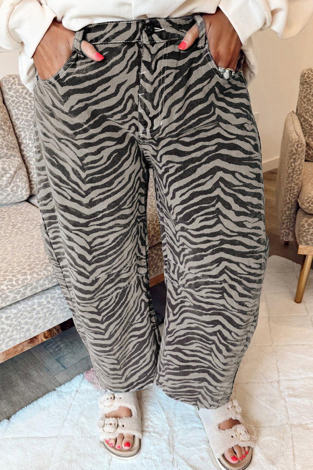 Gray Zebra Stripe Printed Wide Leg Barrel Jeans - Essential Retail Store