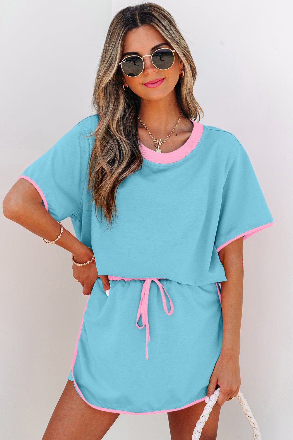Turquoise Colorblock Edge Drop Shoulder T Shirt and Skort 2Pcs Set - Essential Retail Store