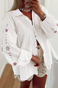 White Floral Embroidered Puff Sleeve Eyelet Patchwork Shirt - Essential Retail Store
