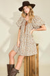 Umgee Full Size Lace Tape Drawstring Floral Puff Sleeve Mini Dress