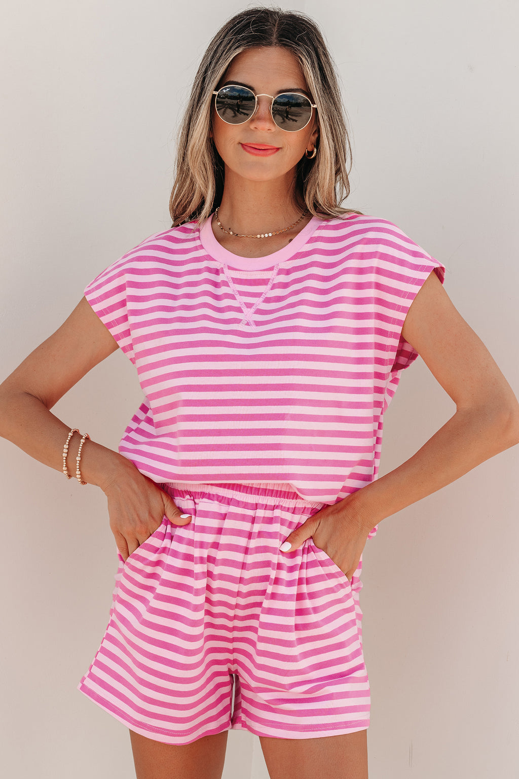 Pink Stripe Cap Sleeve Tee Elastic Waist Shorts 2pcs Outfit - Essential Retail Store