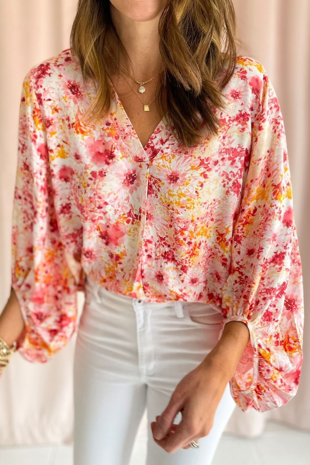 Pink Ditsy Floral Bubble Sleeve V Neck Blouse - Essential Retail Store