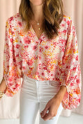 Pink Ditsy Floral Bubble Sleeve V Neck Blouse - Essential Retail Store