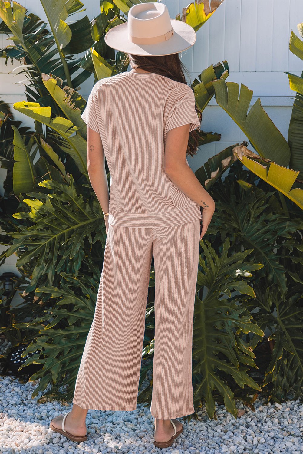 Blue Solid Corded Knit Short Sleeve T Shirt and Wide Leg Pants Set - Essential Retail Store