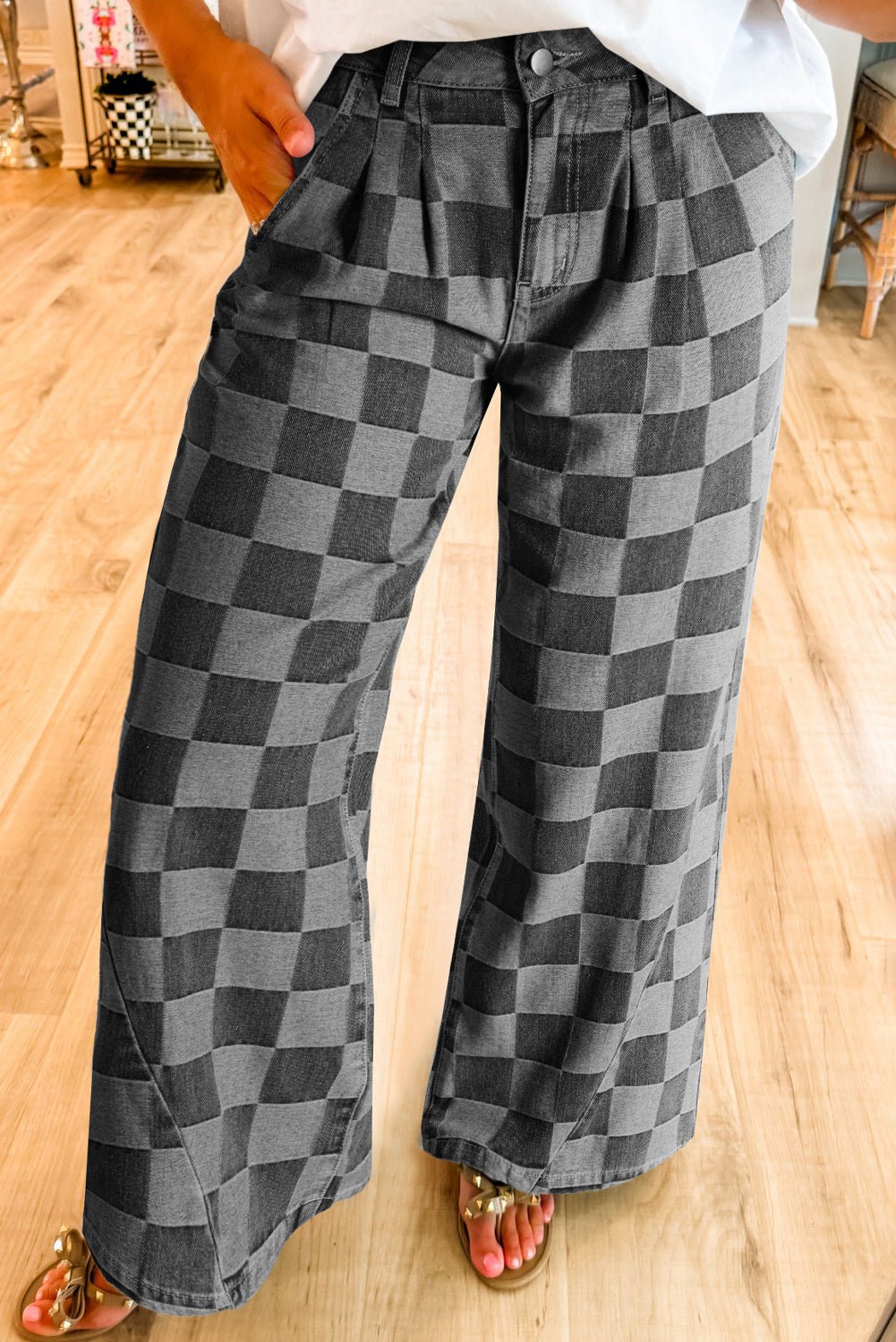 Dark Grey Checkered Denim Wide Leg Jeans - Essential Retail Store