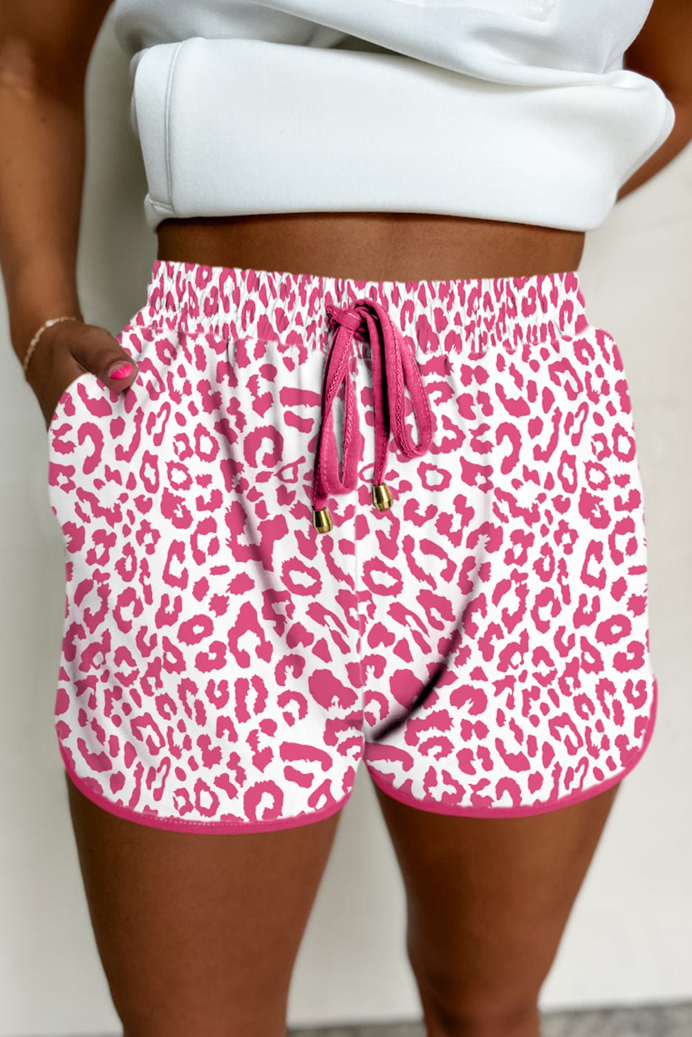 Pink Leopard Elastic Waistband Lace up Contrast Trim Casual Shorts - Essential Retail Store