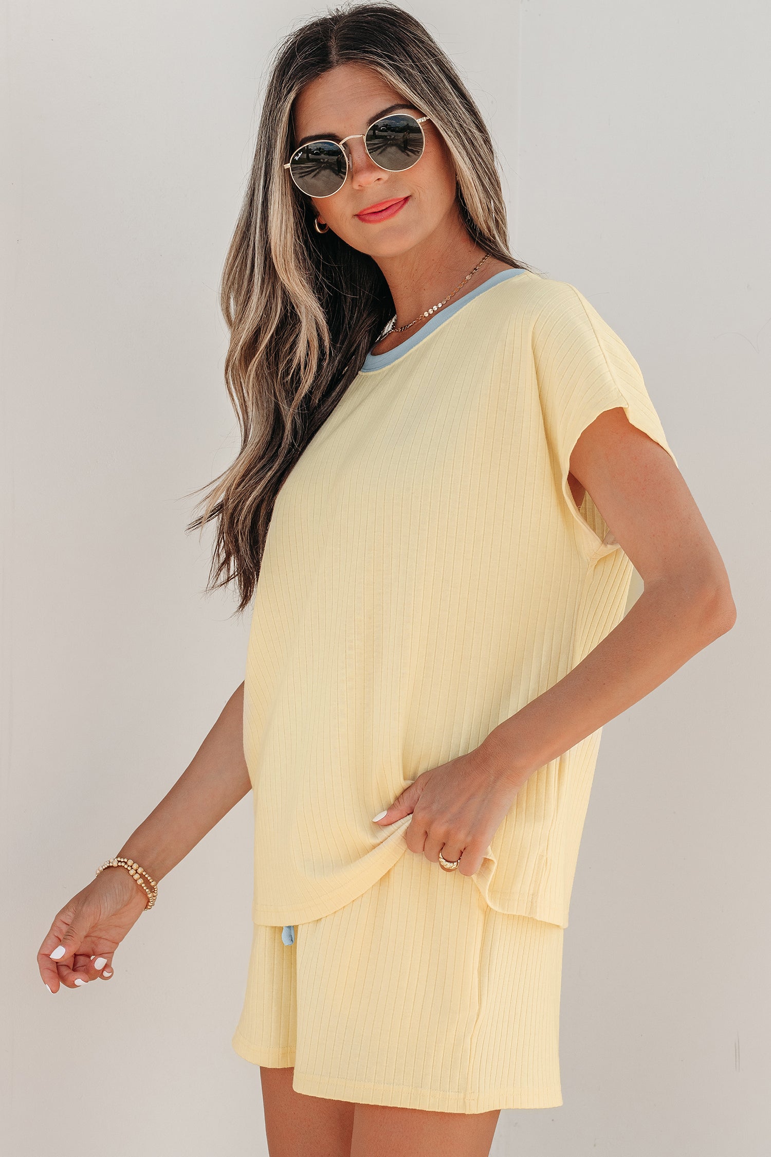 Yellow Cream Soft Ribbed Color Block Trim Casual Short Set - Essential Retail Store