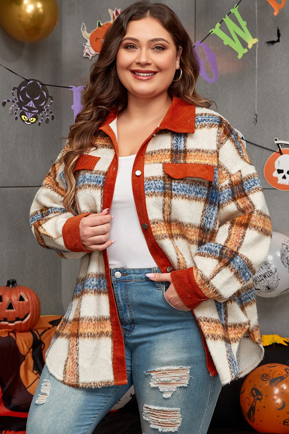 Brown Stripe Plus Size Plaid Print Collared Buttoned Jacket - Essential Retail Store