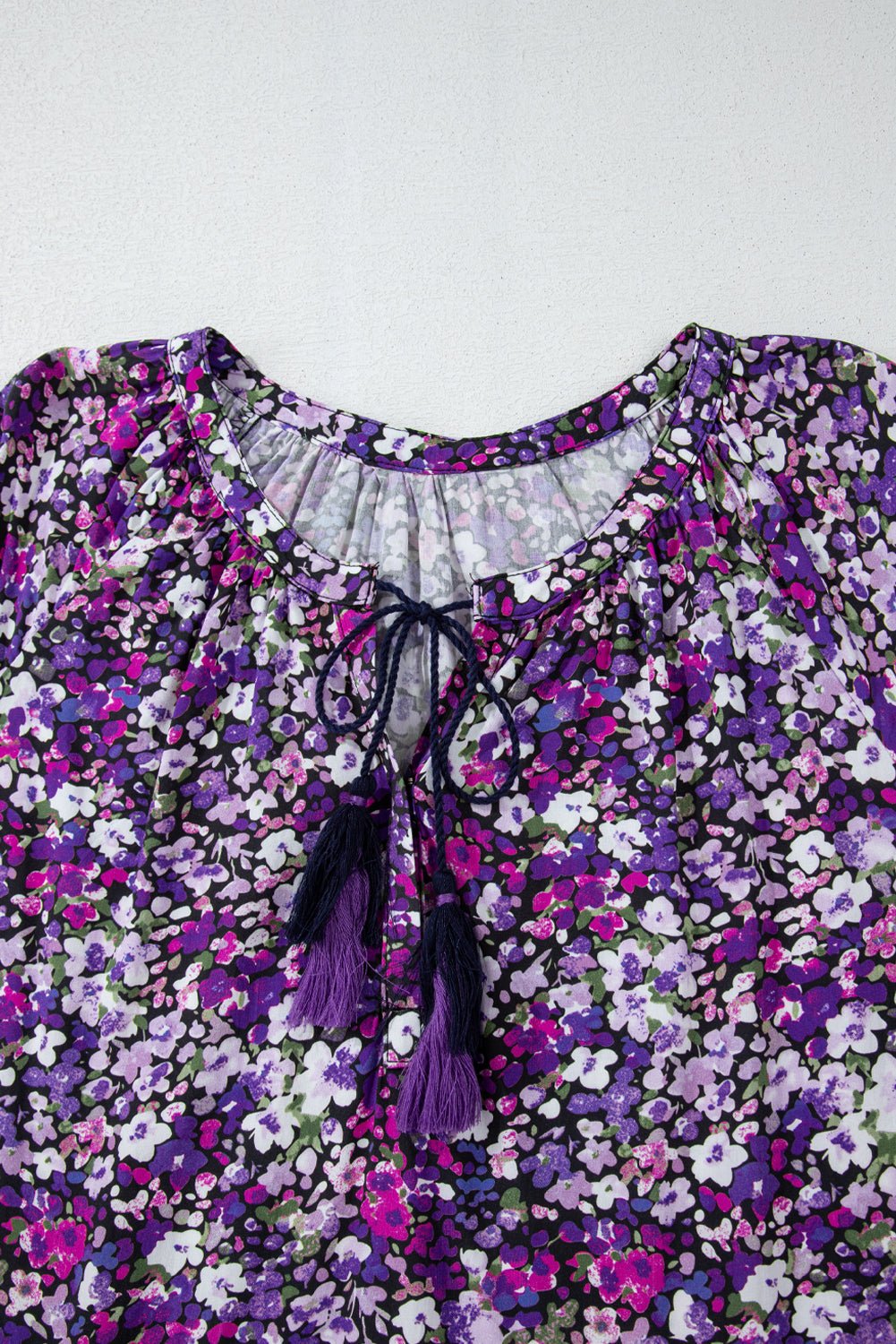 Purple Boho Flower Split V Neck Bubble Sleeve Blouse - Essential Retail Store