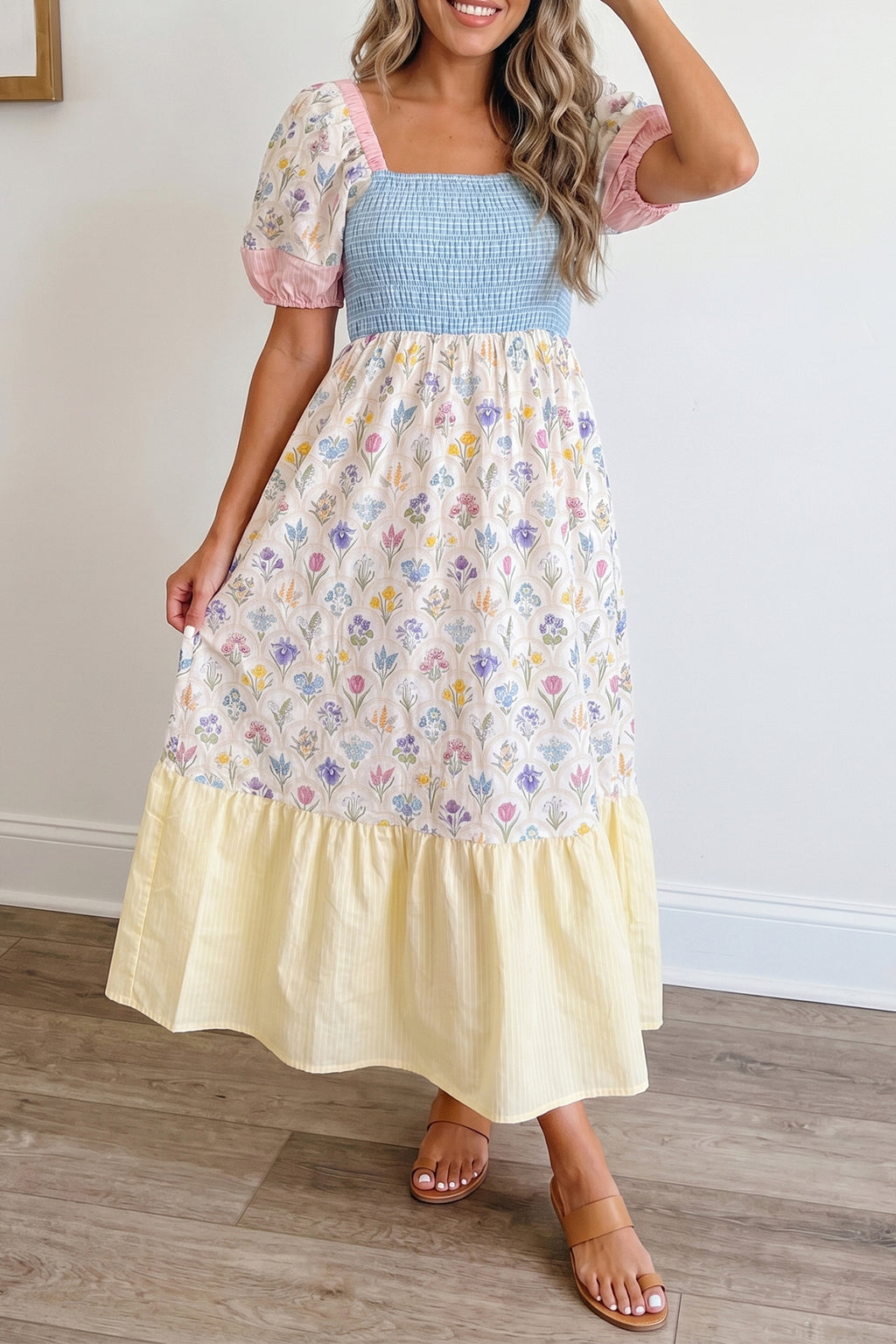 Multicolour Floral Print Striped Color Block Patchwork Square Neck Shirred Long Dress - Essential Retail Store