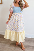 Multicolour Floral Print Striped Color Block Patchwork Square Neck Shirred Long Dress - Essential Retail Store