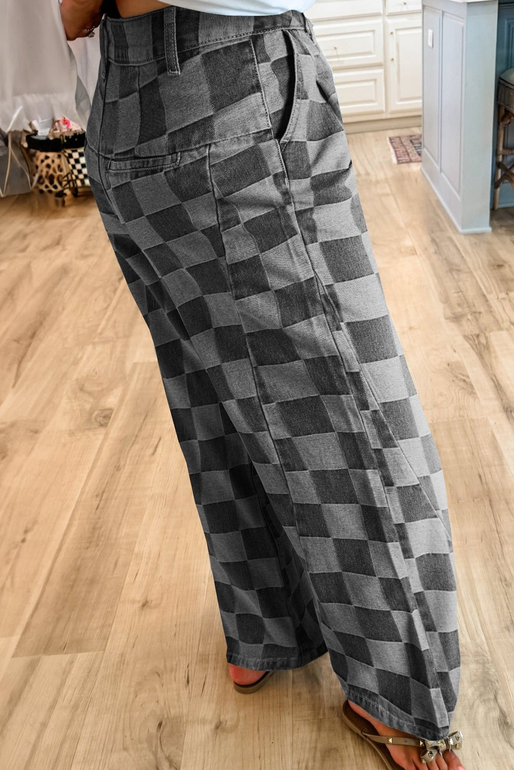 Dark Grey Checkered Denim Wide Leg Jeans - Essential Retail Store