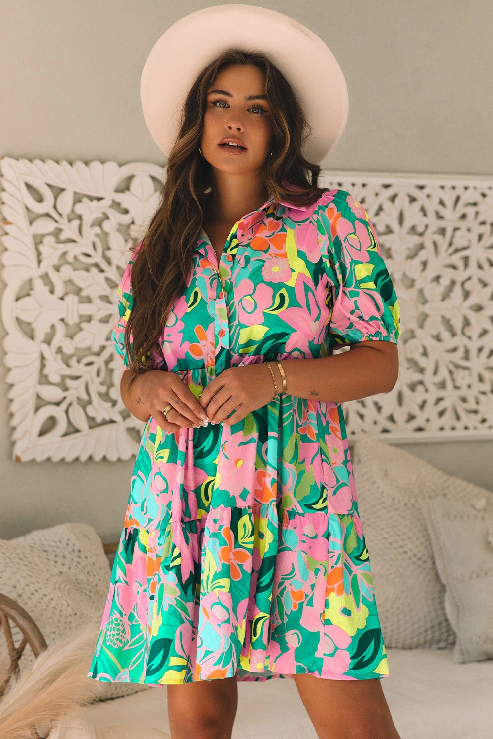 Green Floral Puff Sleeve Collar Buttoned Babydoll Dress - Essential Retail Store