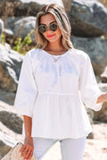 White Bow Knot Cutout Back Loose Fit 3/4 Sleeve Blouse - Essential Retail Store