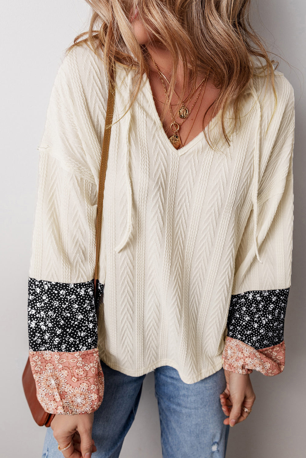 Black Floral Patchwork Textured Knit Drawstring V Neck Blouse