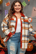 Brown Stripe Plus Size Plaid Print Collared Buttoned Jacket - Essential Retail Store