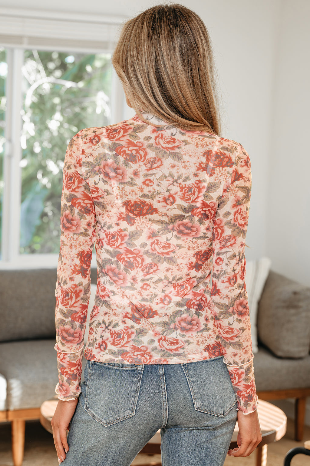 White Retro Floral Print Mock Neck Mesh Long Sleeve Top - Essential Retail Store