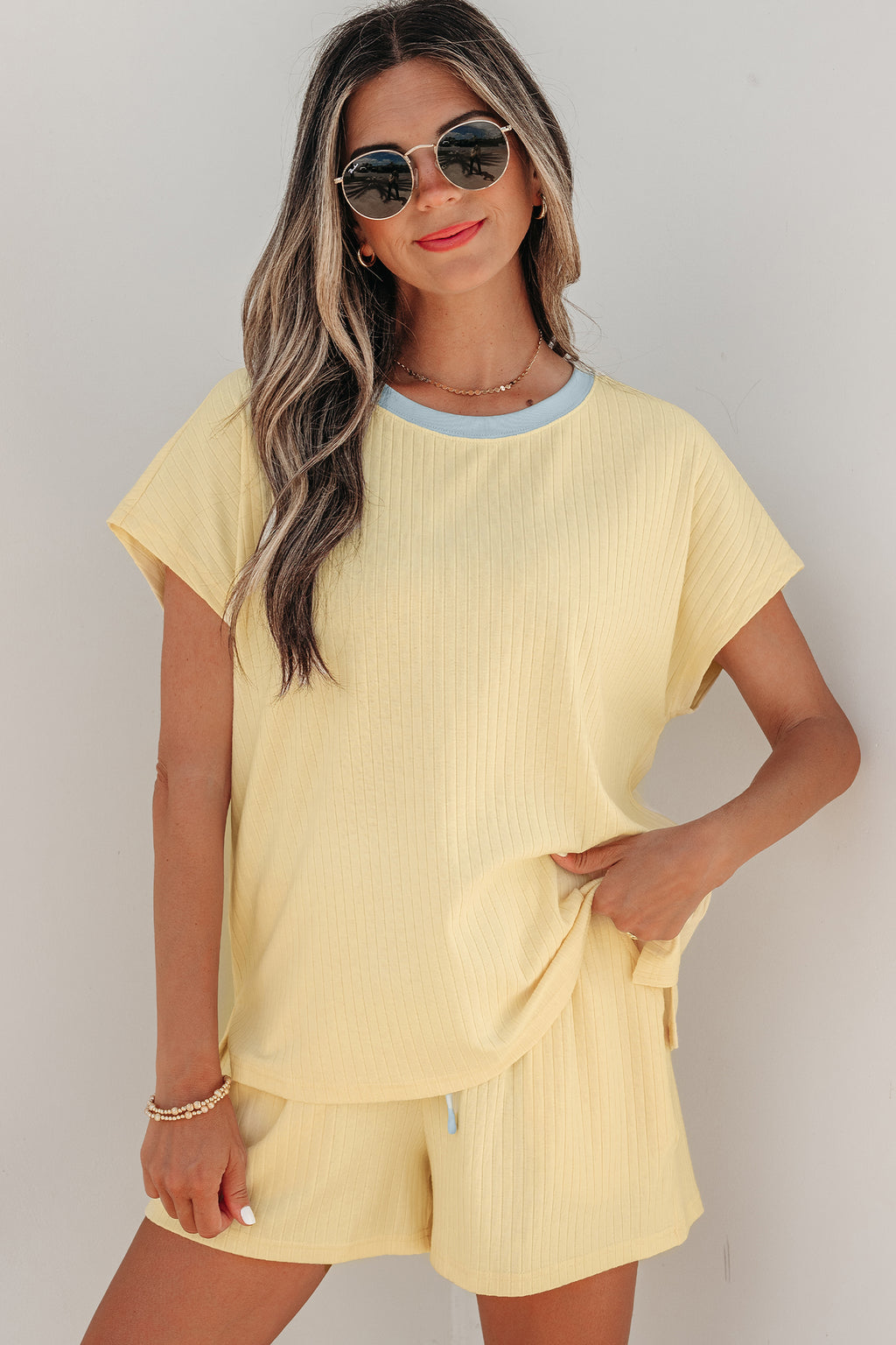 Yellow Cream Soft Ribbed Color Block Trim Casual Short Set - Essential Retail Store