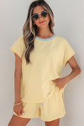 Yellow Cream Soft Ribbed Color Block Trim Casual Short Set - Essential Retail Store