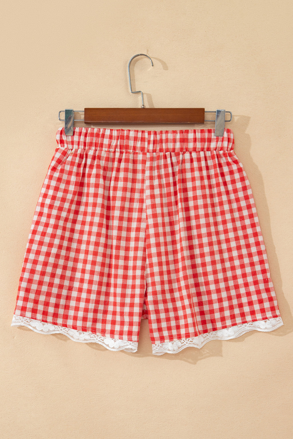Red Gingham Plaid Tie Elastic Waist Lace Patchwork Hem Casual Shorts - Essential Retail Store