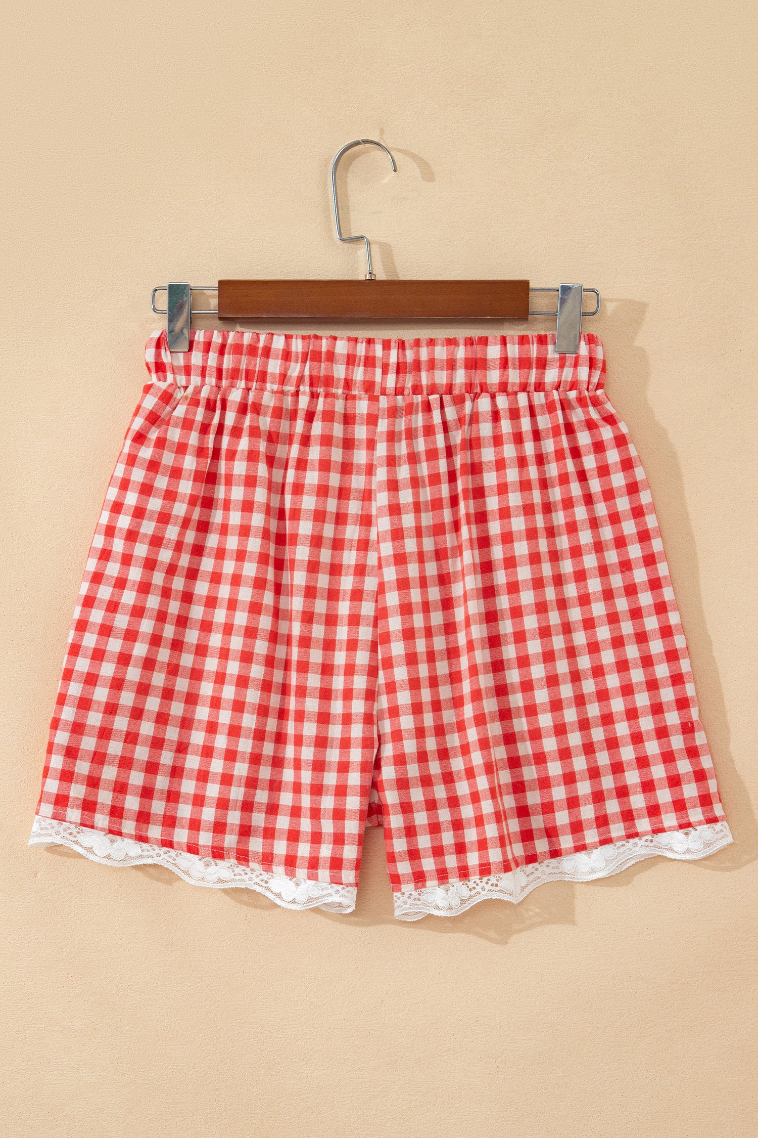 Red Gingham Plaid Tie Elastic Waist Lace Patchwork Hem Casual Shorts - Essential Retail Store