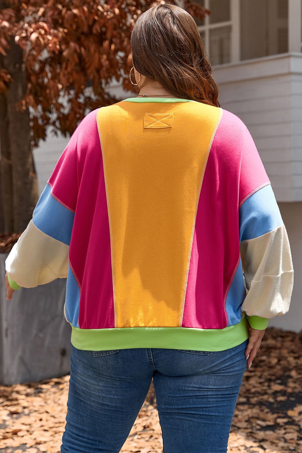 Rose Red Plus Size Colorblock Patchwork Exposed Seam Sweatshirt - Essential Retail Store