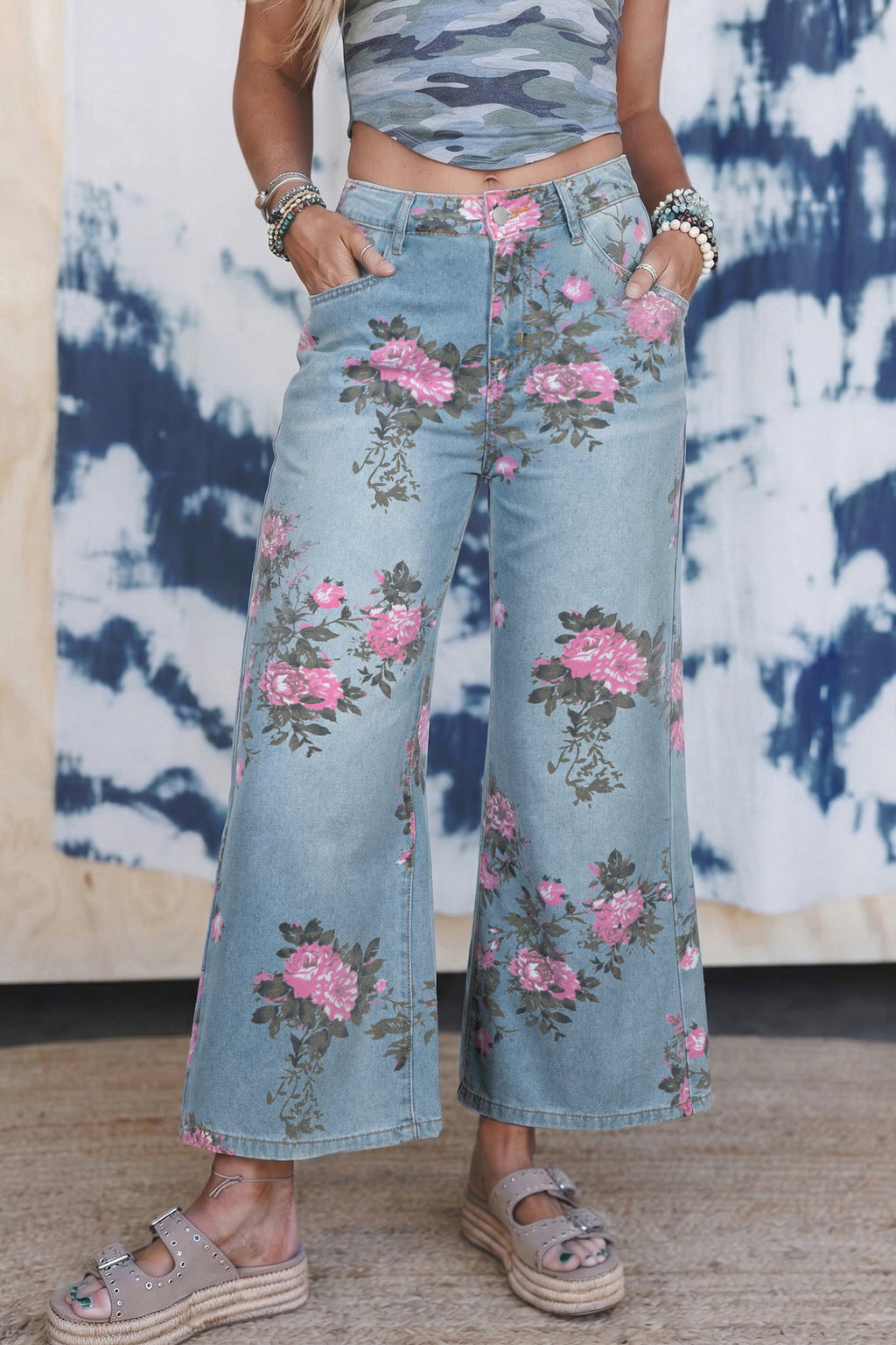 Sky Blue Garden Floral Print Bootcut Jeans - Essential Retail Store