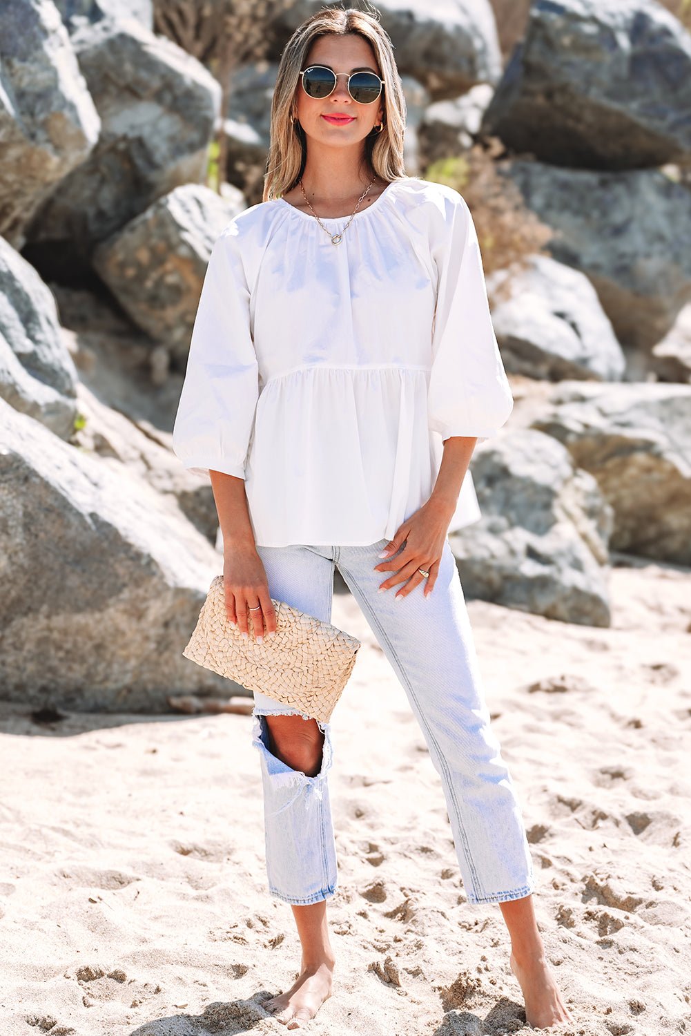 White Bow Knot Cutout Back Loose Fit 3/4 Sleeve Blouse - Essential Retail Store
