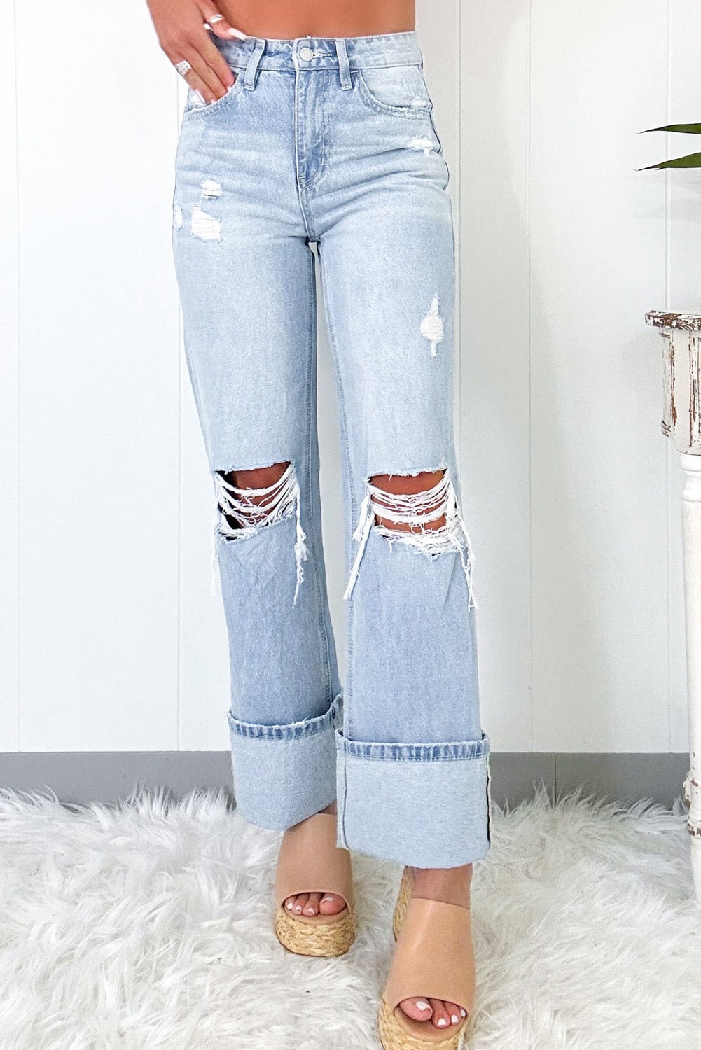 Beau Blue Light Wash Distressed Straight Jeans - Essential Retail Store
