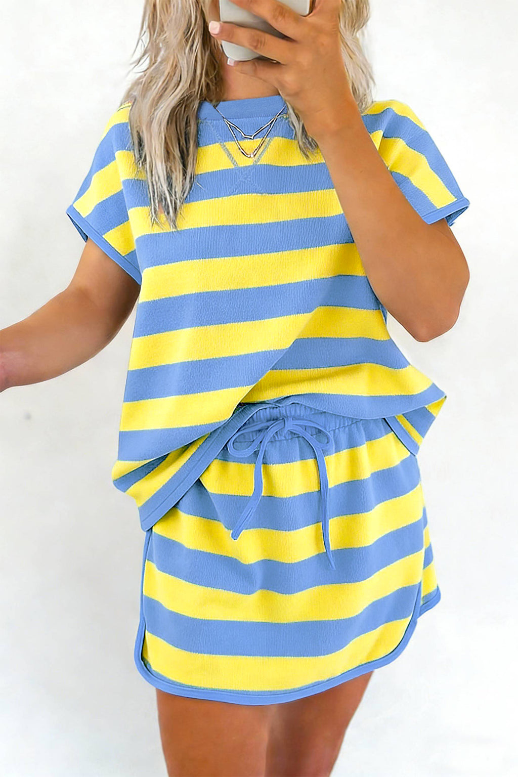 Rose Stripe Dolman Tee Drawstring Skort Athletic 2pcs Set - Essential Retail Store