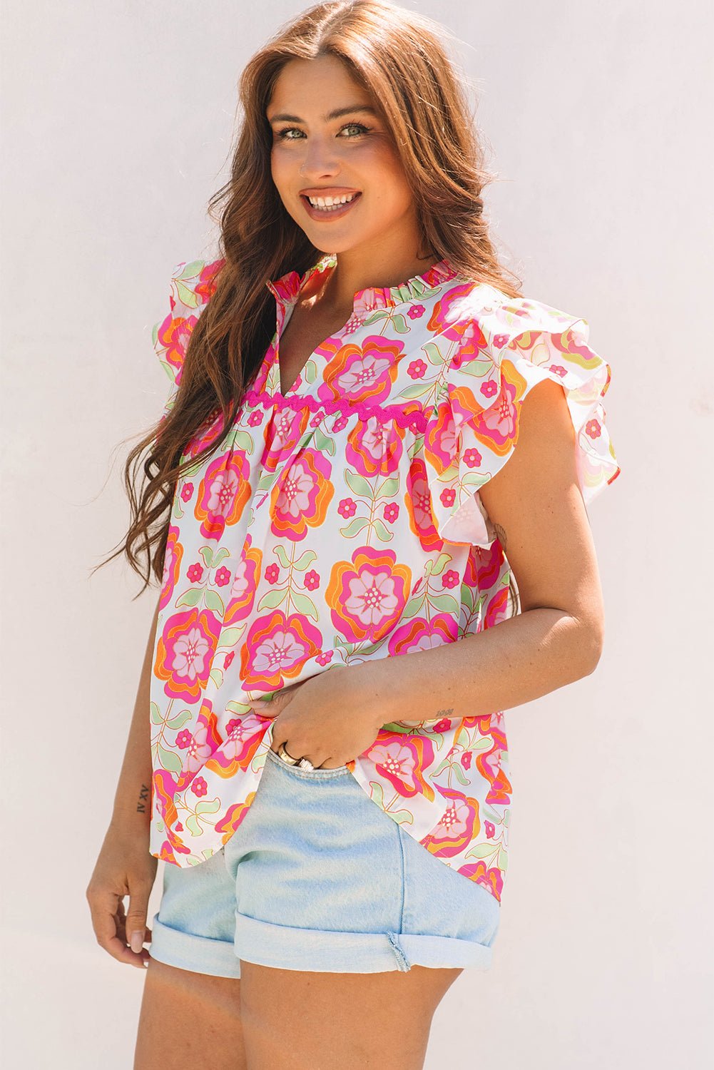 Rose Floral Ruffled Sleeve Ric - rac Trim Split Neck Loose Blouse - Essential Retail Store