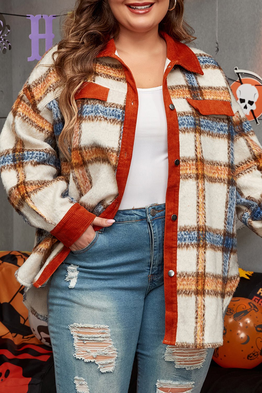 Brown Stripe Plus Size Plaid Print Collared Buttoned Jacket - Essential Retail Store