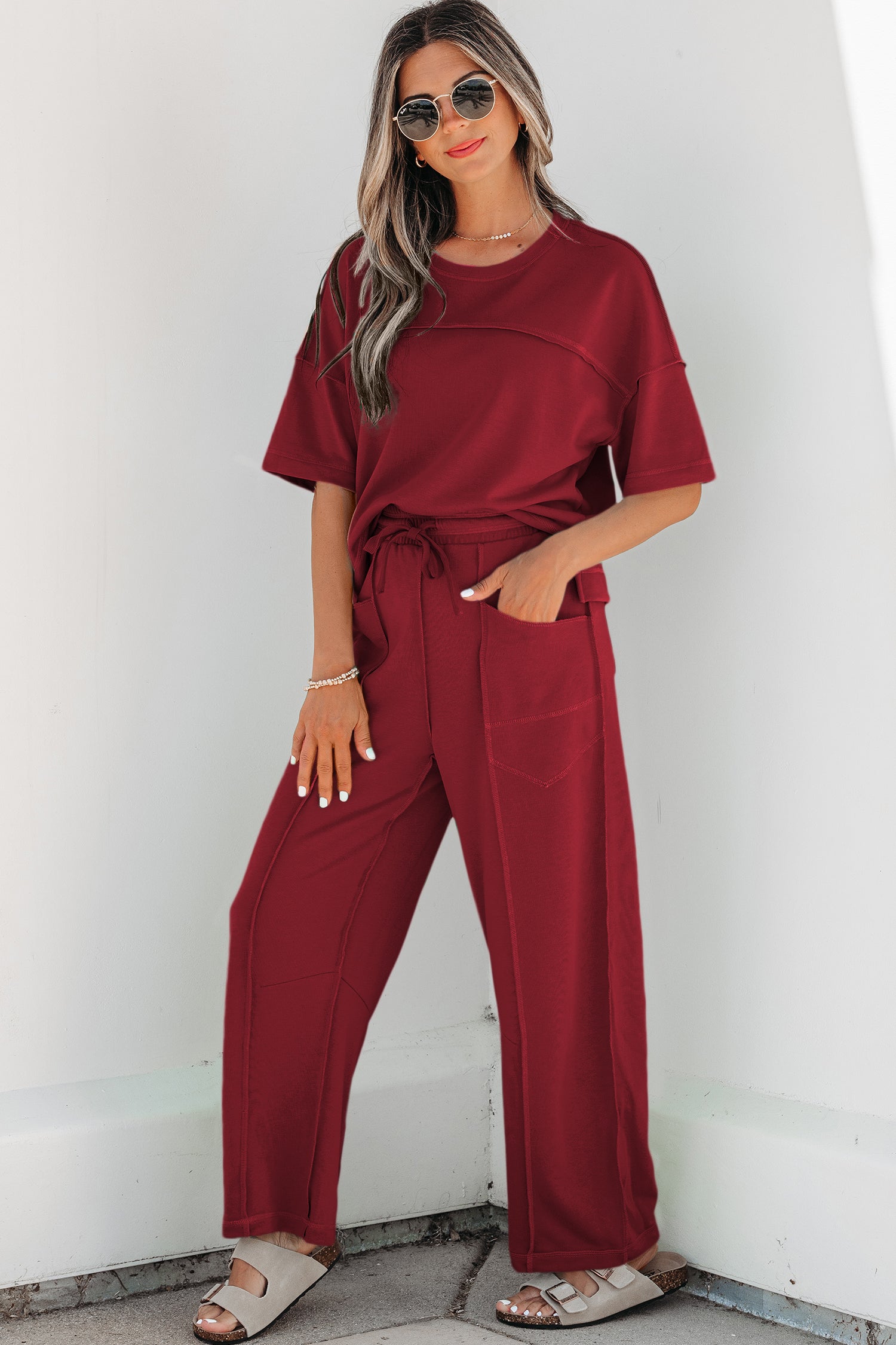 Rose Red Drop Shoulder Boxy Tee and Barrel Pants Set - Essential Retail Store