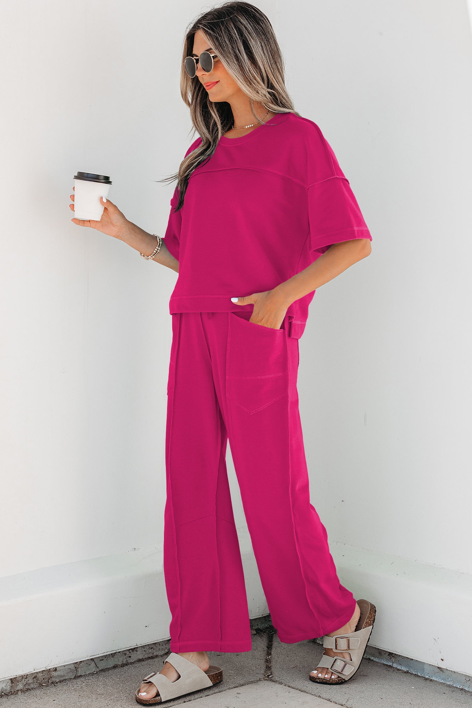Rose Red Drop Shoulder Boxy Tee and Barrel Pants Set - Essential Retail Store