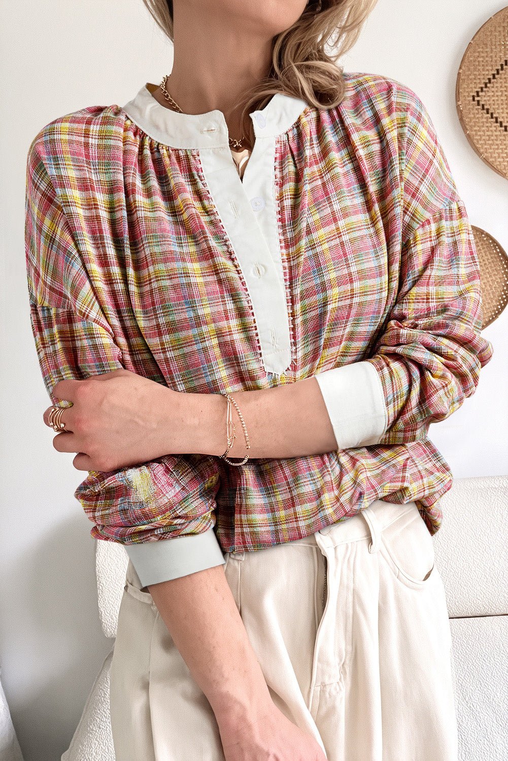 Pink Colorblock Plaid Patchwork Henley Blouse - Essential Retail Store