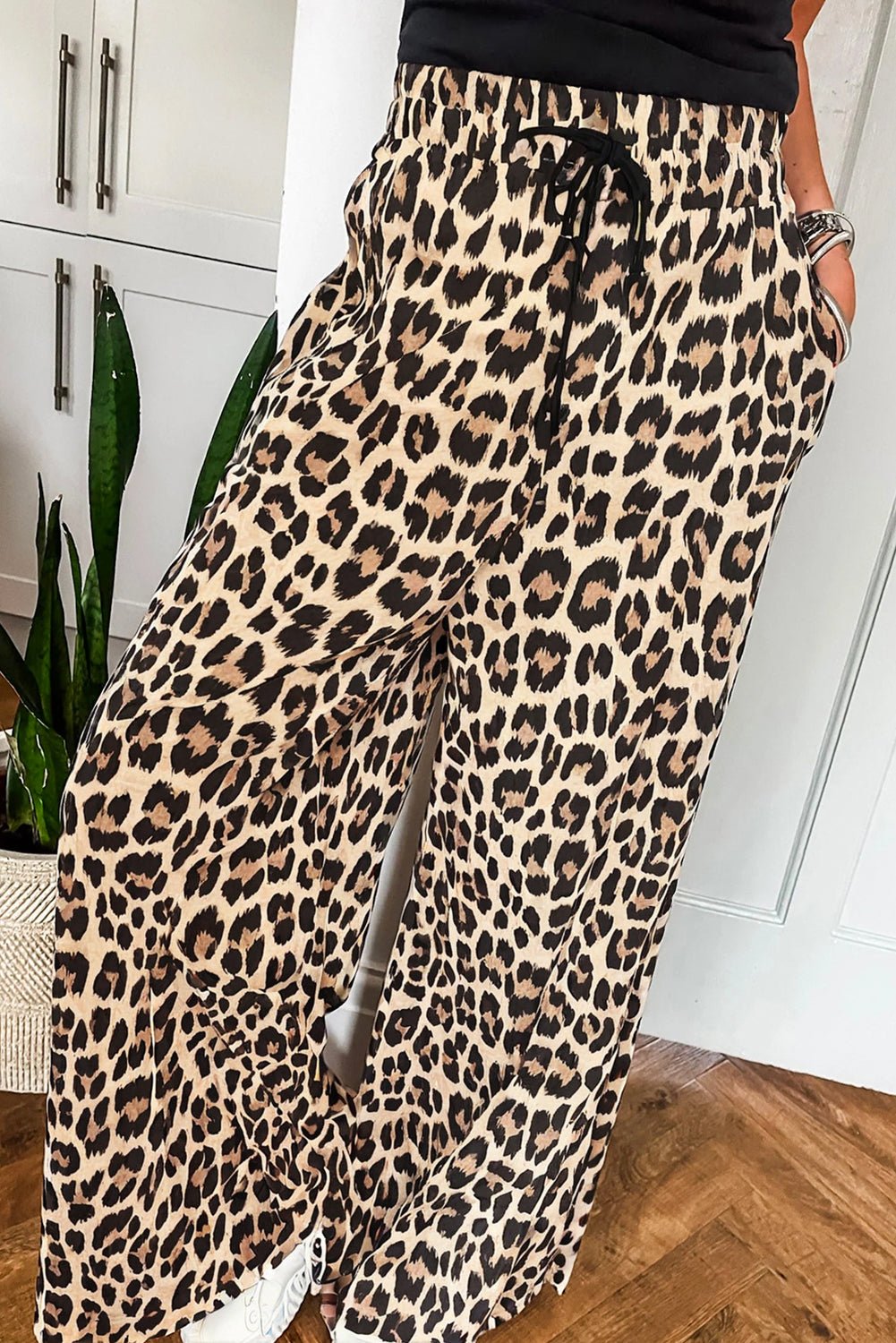 Parchment Leopard Drawstring Elastic Waistband Flowy Wide Leg Pants - Essential Retail Store