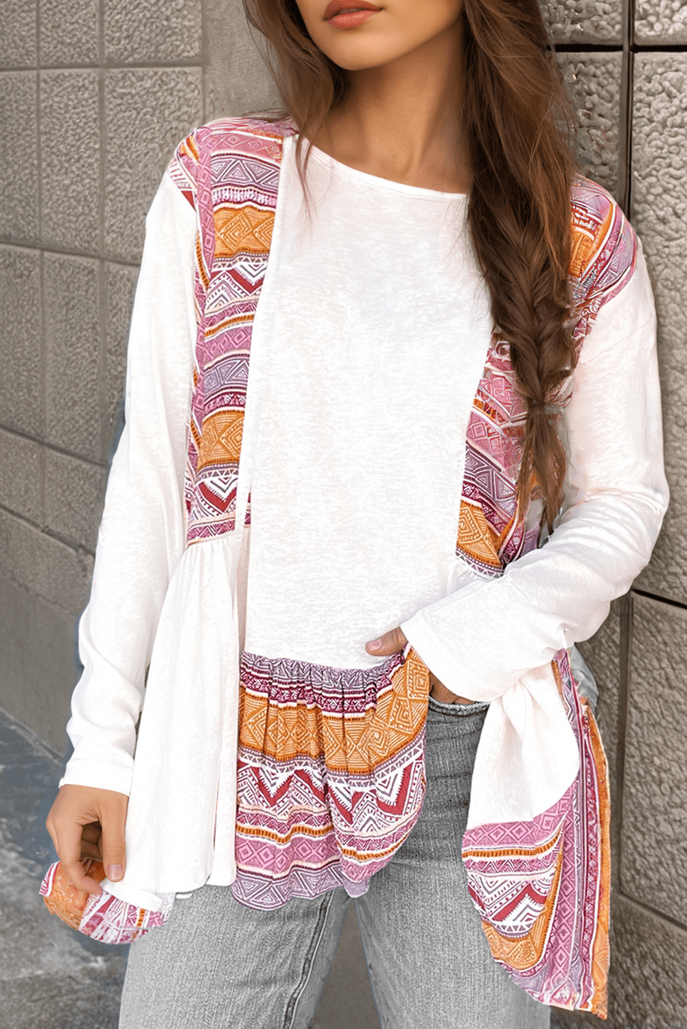 White Western Aztec Print Patchwork Ruffled Tunic Long Sleeve Babydoll Top - Essential Retail Store