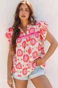 Rose Floral Ruffled Sleeve Ric - rac Trim Split Neck Loose Blouse - Essential Retail Store