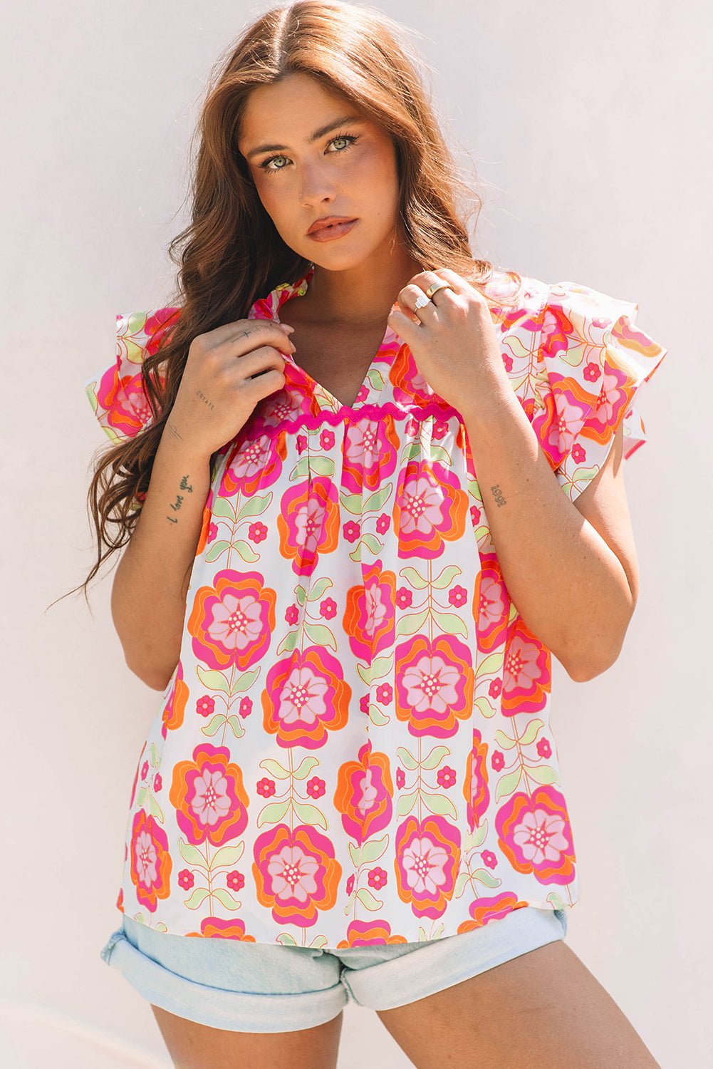 Rose Floral Ruffled Sleeve Ric - rac Trim Split Neck Loose Blouse - Essential Retail Store