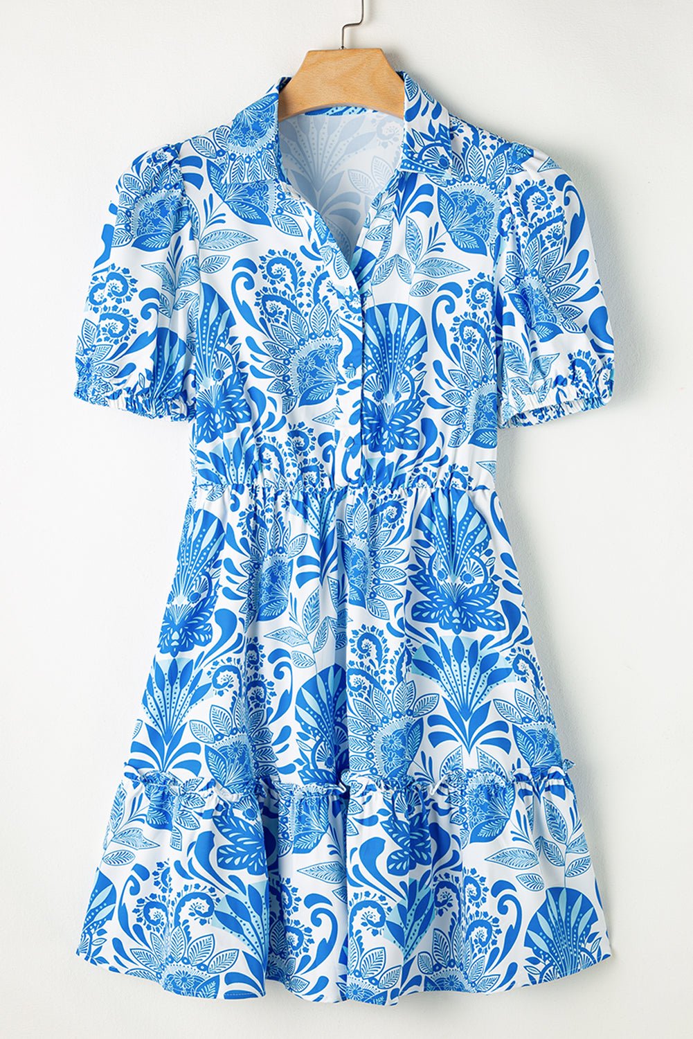 Sky Blue Retro Floral Print Drawstring Waist Ruffled Mini Dress - Essential Retail Store